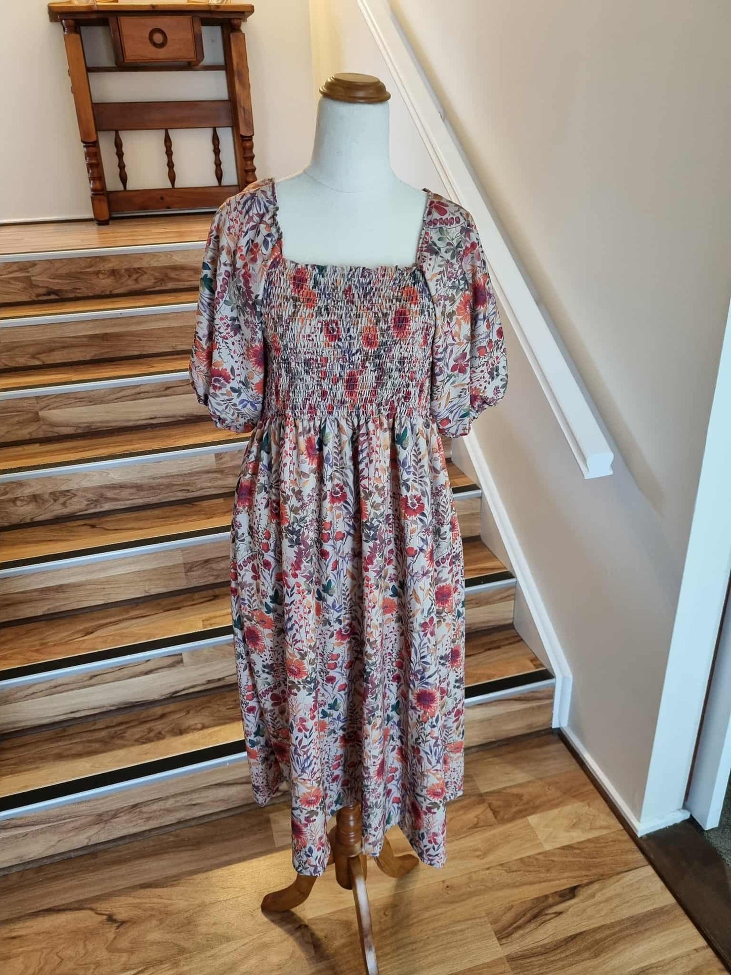 Shirred Midi Dress - Brown Floral XXL