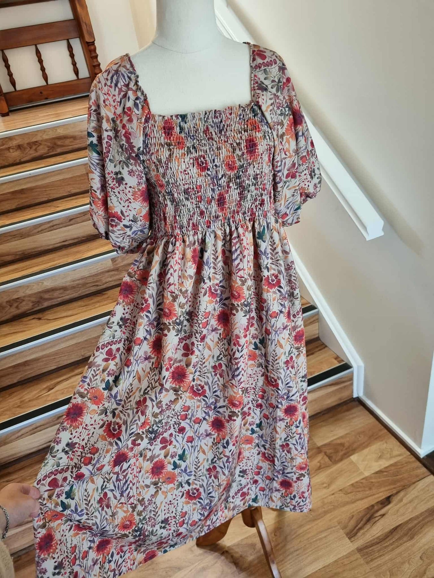 Shirred Midi Dress - Brown Floral XXL
