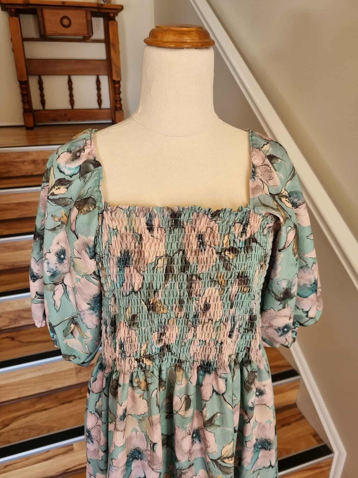 Shirred Dress - Green/Blue