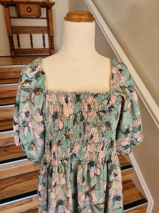 Shirred Midi Dress - Green/Blue