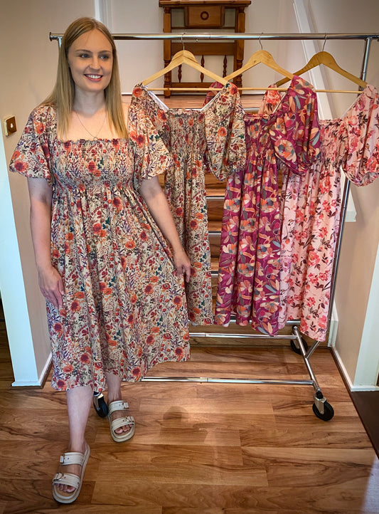 Shirred Midi Dress - Brown Floral