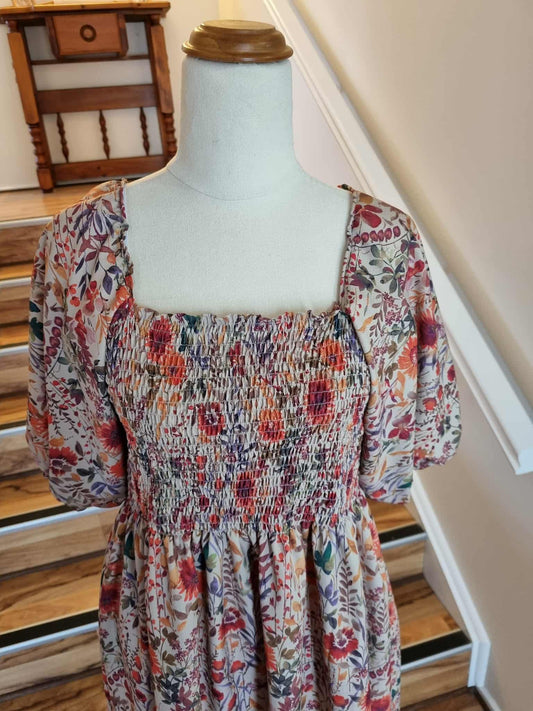 Shirred Midi Dress - Brown Floral XXL