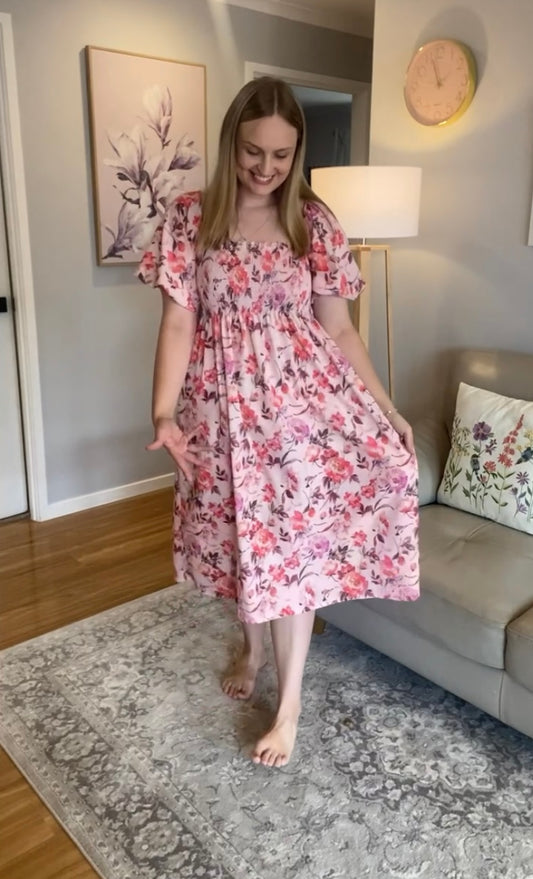 Shirred Midi Dress - Pink