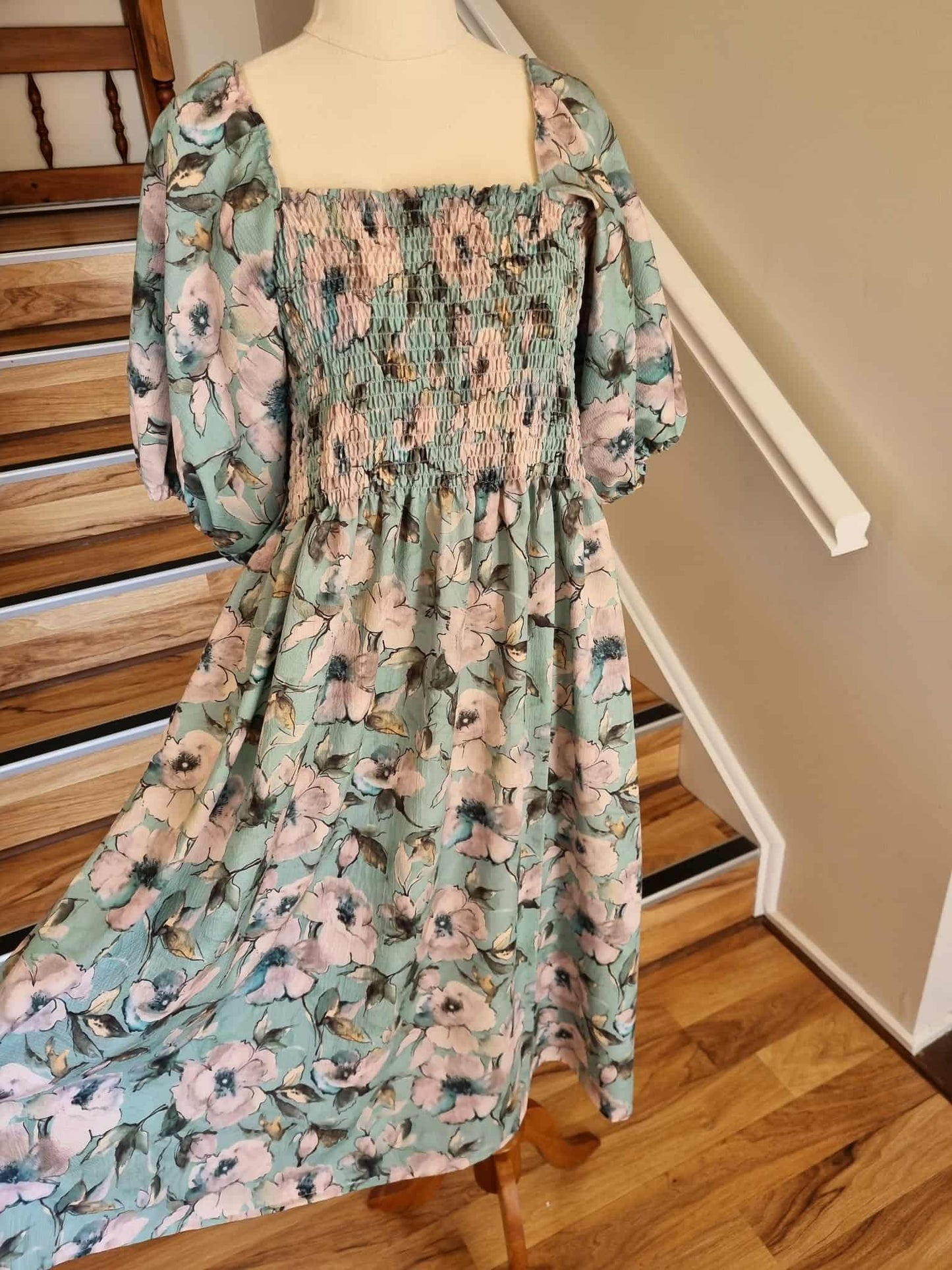 Shirred Dress - Green/Blue