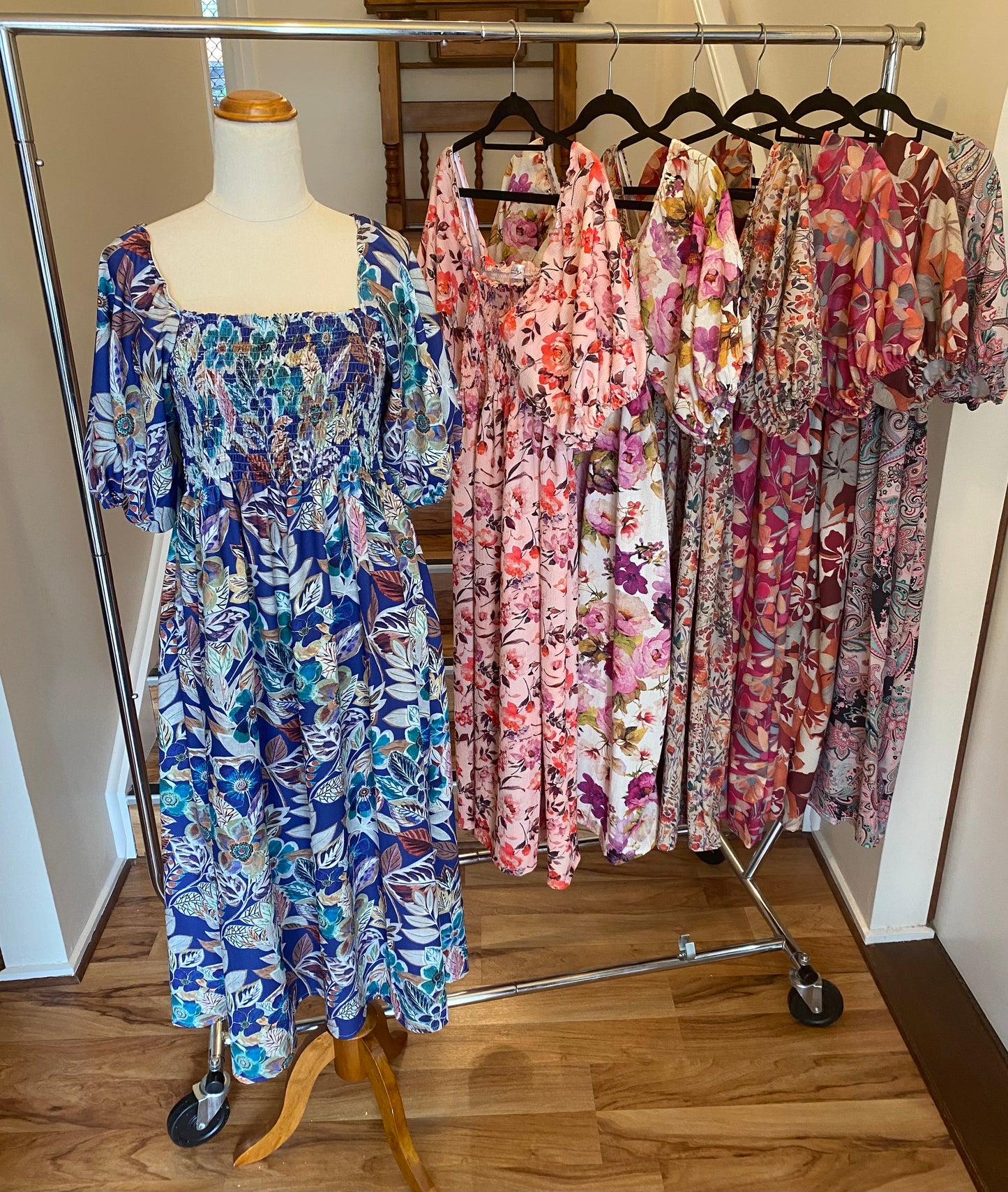 Shirred Midi Dress - Blue