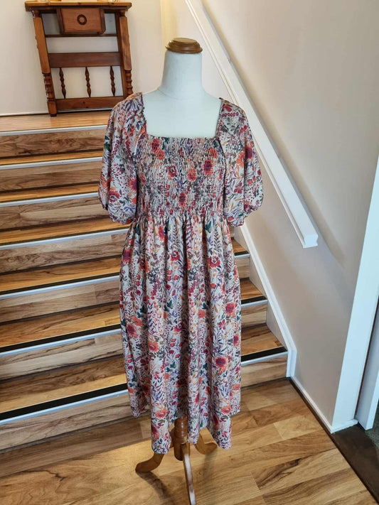 Shirred Midi Dress - Brown Floral XXL