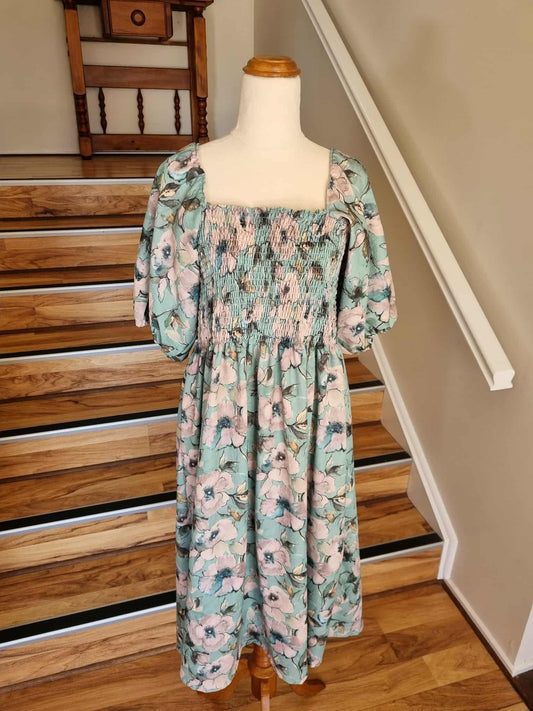 Shirred Dress - Green/Blue