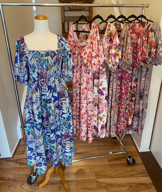 Shirred Midi Dress - Blue