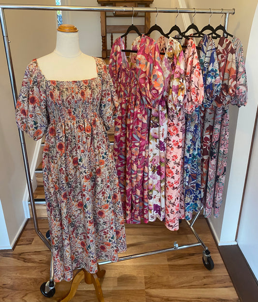 Shirred Midi Dress - Brown Floral
